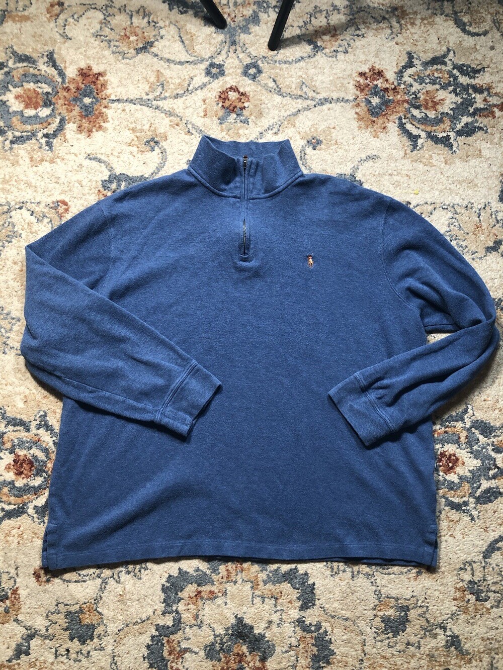 Ralph Lauren Polo Estate Rib Sweater Mens XL Blue 1/4 Zip Flesh Pony Golf